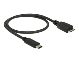 Sort DeLOCK USB 3.1 Gen 2-kabel på 0,5 meter med USB Type-C- og Micro-B-hanstik, vist snoet med begge stik synlige.