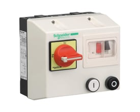 Schneider Electric TeSys motorstarter med kontaktor og nødstop funktion i IP65 polykarbonatkabinet med rød drejekontakt.