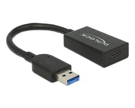 Sort Delock USB-konverter med 15 cm kabel, USB Type-A-hanstik og USB Type-C-hunstik, set skråt forfra.