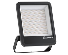 Sort Ledvance Floodlight Area-projektør på 160 W med asymmetrisk lysfordeling, vist forfra med LED-felt og monteringsbøjle.
