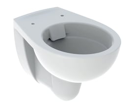 Geberit Bastia væghængt toiletskål i hvid porcelæn, vist fra siden med fokus på den dybtskyllende, Rimfree skål og vægmonteringsdesign.