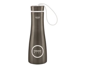 Enkelt billede af Grohe Blue termo drikkeflaske i børstet hard graphite med hvid hank og logo, isoleret på hvid baggrund.