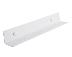 Hvid Svedbergs hylde i aluminium, 650x75x75 mm, med lang bagplade og to runde monteringsdele.