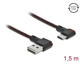 DeLock EASY-USB 2.0-kabel på 1,5 meter med sort, flettet kabel og vinklede USB-A- og USB-C-stik.