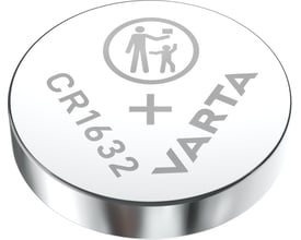 Et Varta CR1632 lithium knapcellebatteri set forfra, med Varta logo og symbol for børnesikkerhed.
