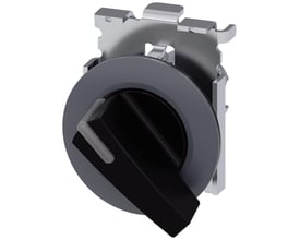 Siemens SIRIUS ACT omskifter, 30mm, rund, matsort metal med lang drejeknap og integreret monteringsbeslag i krom.