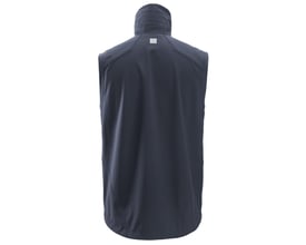 Snickers AllroundWork softshellvest i navy, str. S, vist bagfra med logo detaljer på kraven.