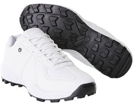 Mascot hvide sneakers med snørebånd, viser den robuste sorte ydersål med godt greb og skoens neutrale design.