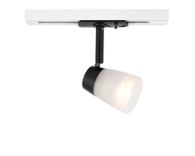 Sort Halo Design GLASS skinnespot med matglaskuppel og GU10 fatning, monteret på hvid strømskinne.