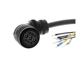 Omron G5-serie servomotor strømkabel med bremser, 3 meter, viser vinkelstikket med ni pins og afisolerede ledninger.