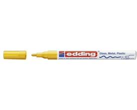 Gul Edding 751 paint marker med rund spids, 1-2 mm, vist fra siden med løs hætte og mærkat.