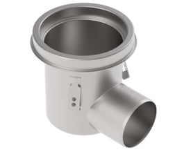 3D-rendering af Blücher Industrial gulvafløb med syrefast stål-finish, ø195mm ramme og ø110mm vandret udløb.