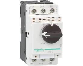 Schneider Electric TeSys GV2L kortslutningsudløser i hvid og grå, viser drejeknap med 'TRIP' markering og tilslutningsskruer.