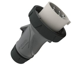 Mennekes CEE-stik PowerTOP Xtra R, 32 A og 5-polet, set skråt med gråt stik og sort greb.