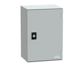 Lukket Schneider Electric vægskab 7035 i RAL7035, med lås og logo, måler 310x215x160mm.