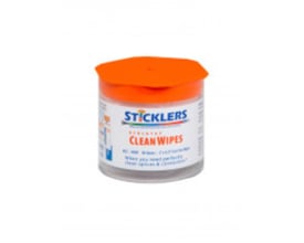 Sticklers Clean Wipes rense-servietter i en hård, gennemsigtig beholder med orange låg, indeholder 90 stk. til rengøring af fiberoptik.