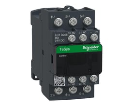Schneider Electric TeSys D kontaktor på 25A med 3 poler, 24V DC spole og 1NO+1NC kontakter på mørk baggrund.