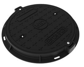 Sort rundt komposit dæksel med fast karm og to skruelåse, Ø425 mm med B125 belastning.