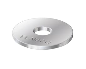 Flamco galvaniseret underlagsskive 10x28 mm med FLAMCO logo indgraveret, vist på hvid baggrund.