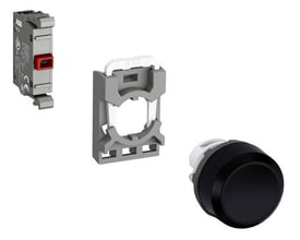 ABB trykknap MP3-40B-01, vist med tilhørende monteringsramme og kontaktmodul i grå og gråhvid plast.