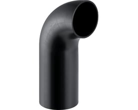 Detaljeret billede af en sort Geberit PEH bøjning med 160 mm diameter og 90 graders vinkel, vist med produktlogo.