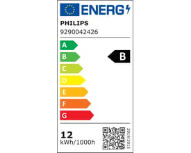 Energimærket for Philips Master LED-rør T8 på 1200 mm viser energiklasse B og et forbrug på 12 kWh/1000 timer.