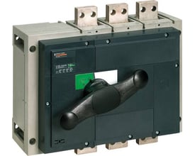 Schneider Electric Compact lastadskiller INS1250 3P med sort håndtag og tre poler på toppen, velegnet til AC og DC netværk.