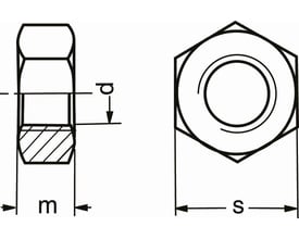 Teknisk illustration af M36 DIN 934 syrefast A4 møtrik med voks, vist i tværsnit og ovenfra med dimensioner angivet.