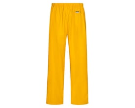 Gule regnbukser Lyngsøe Rainwear LR41 i størrelse S med elastisk talje og lige ben, set forfra.
