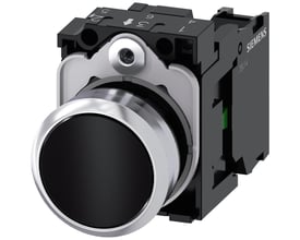 Siemens 22mm trykknap i skinnende sort metal med flad momentan kontakt og medfølgende holder med 1NO skruetilslutning.