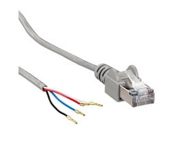 Schneider Electric kommunikationsledning med 0,35 meters længde, med RJ45-stik i grå plast og afisolerede ledere i rød, blå og sort.