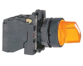 Sidebillede af Schneider Electric Harmony Style 5 drejeafbryder med fokus på den orange knap og den sorte monteringsbase.