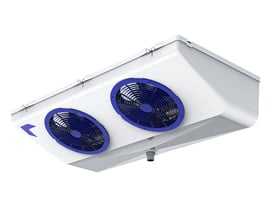 Friga Bohn AZUR M 120 C-fordamper med hvidt skråt kabinet og to blå ventilatorgitre, set skråt nedefra.