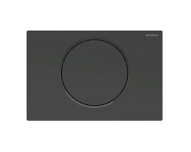 Helstøbt Geberit Sigma10 betjeningsplade i sort mat, set frontalt på hvid baggrund med tydeligt Geberit logo.