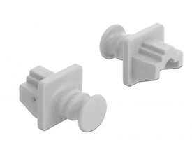 Hvid Delock-støvhætte til RJ45-port, vist fra to vinkler med den runde trækflig og stikdelen.