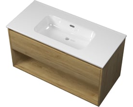 Sanibell Proline møbelsæt i ideal eg, 101x46cm med integreret greb, 1 skuffe og åben hylde.