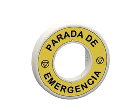 Schneider Electric nødstopsskilt med gul baggrund, spansk tekst "PARADA DE EMERGENCIA" og advarselssymboler. Med indbygget rød LED-ring til Ø22 mm montering.