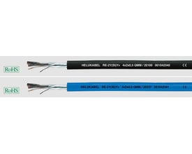 HELUKABEL RE-2Y(St)Yv signalkabel med 16x2x0,5 mm ledere, sort og blå versioner med tydelig mærkning og RoHS-logo.