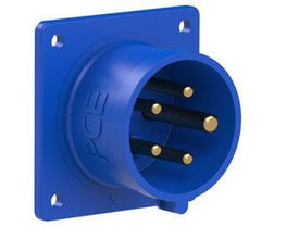 Blåt PC Electric CEE-flangestik med 5 poler og 16 A, set skråt forfra med monteringsflange.