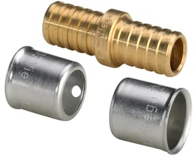 Viega Smartloop reparationskobling i messing med rillede ender, samt to sølvfarvede presringe til 12 mm rør.