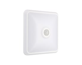 Firkantet, hvid V-TAC LED-sensorlampe på 12 W med rund PIR-sensor i midten.
