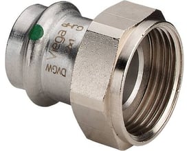 Viega G1 Sanpress Inox tilslutningsforskruning i rustfrit stål med 15 mm presfitting og 3/4" indvendigt gevind samt flad pakning.