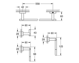 Teknisk tegning med dimensioner for Grohe Essentials Cube tilbehørssæt i krom, viser monteringsdetaljer.