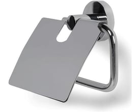 Elegant toiletrulleholder med låg i skinnende krom finish, monteret på en hvid væg. Viser holderens buede design og praktiske låg.