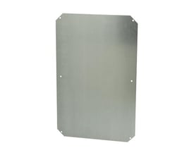 Fibox montageplade i elforsinket stål, 800x600 mm, vist fladt på hvid baggrund med forborede huller i hjørnerne.