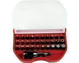 Tecos 31-dele bitssæt i rød plastboks, med forskellige bits som T/PH/PZ/LK/UNB og en magnetholder.