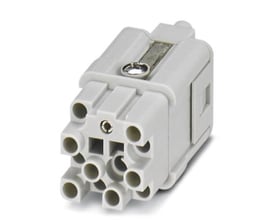 Nærbillede af Phoenix Contact HC-Q12-I-CT-F kontaktindsats, viser tæt på de 13 cirkulære huller til crimpkontakter.