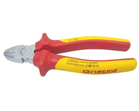 Ironside VDE-sidebidetang på 160 mm med sølvfarvet skærehoved og røde og gule 2-komponenthåndtag til 1000 V.
