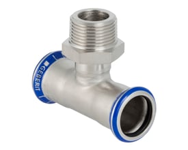 Geberit Mapress rustfrit t-stykke med 15 mm presmuffe, 15 mm presmuffe og R½" nippel på hvid baggrund.