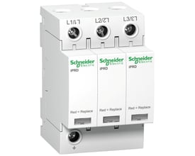 Schneider Electric overspændingsafleder iPRD65r 3P 350V med tre enheder og tydelige L1/L, L2/L og L3/L markeringer.